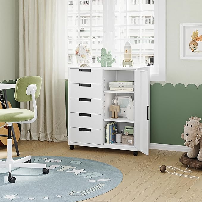 Letaya 5 Drawer Storage Cabinet, Mobile Printer Stand for Home Office,Dresser Chest with Shelves and Door(White)