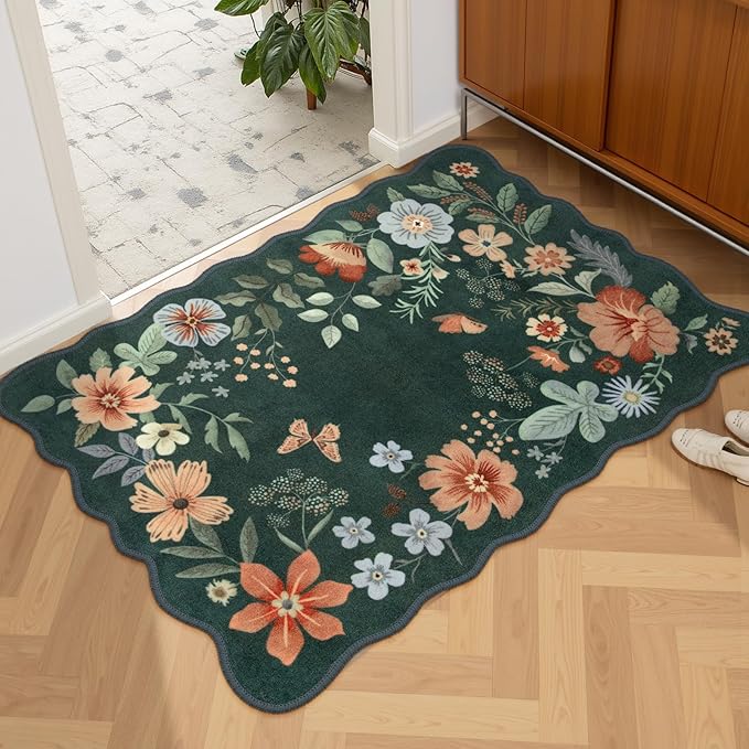 Lahome Floral Green Rugs for Entryway, 2X3 Washable Kitchen Rugs Non Slip Soft