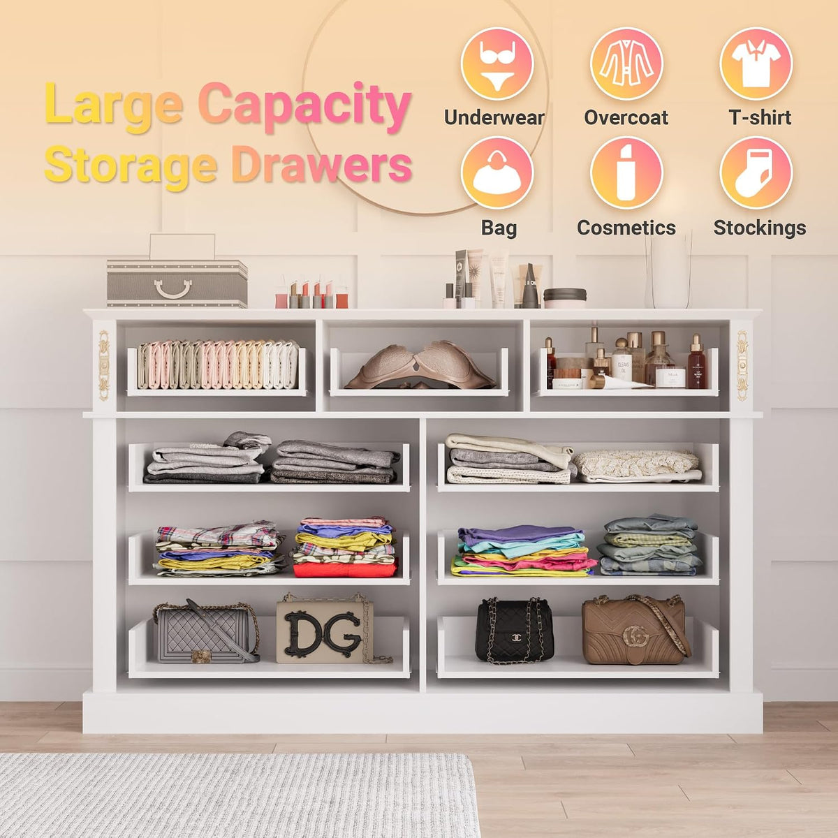 Bobve 63Wx39H Large Dresser White,9 Drawers Dresser for Bedroom,Retro Chest of Drawers with Gold Knobs, Wooden Storage Dressers, Bedroom Storage Organizer for Closet, Living Room, Hallway