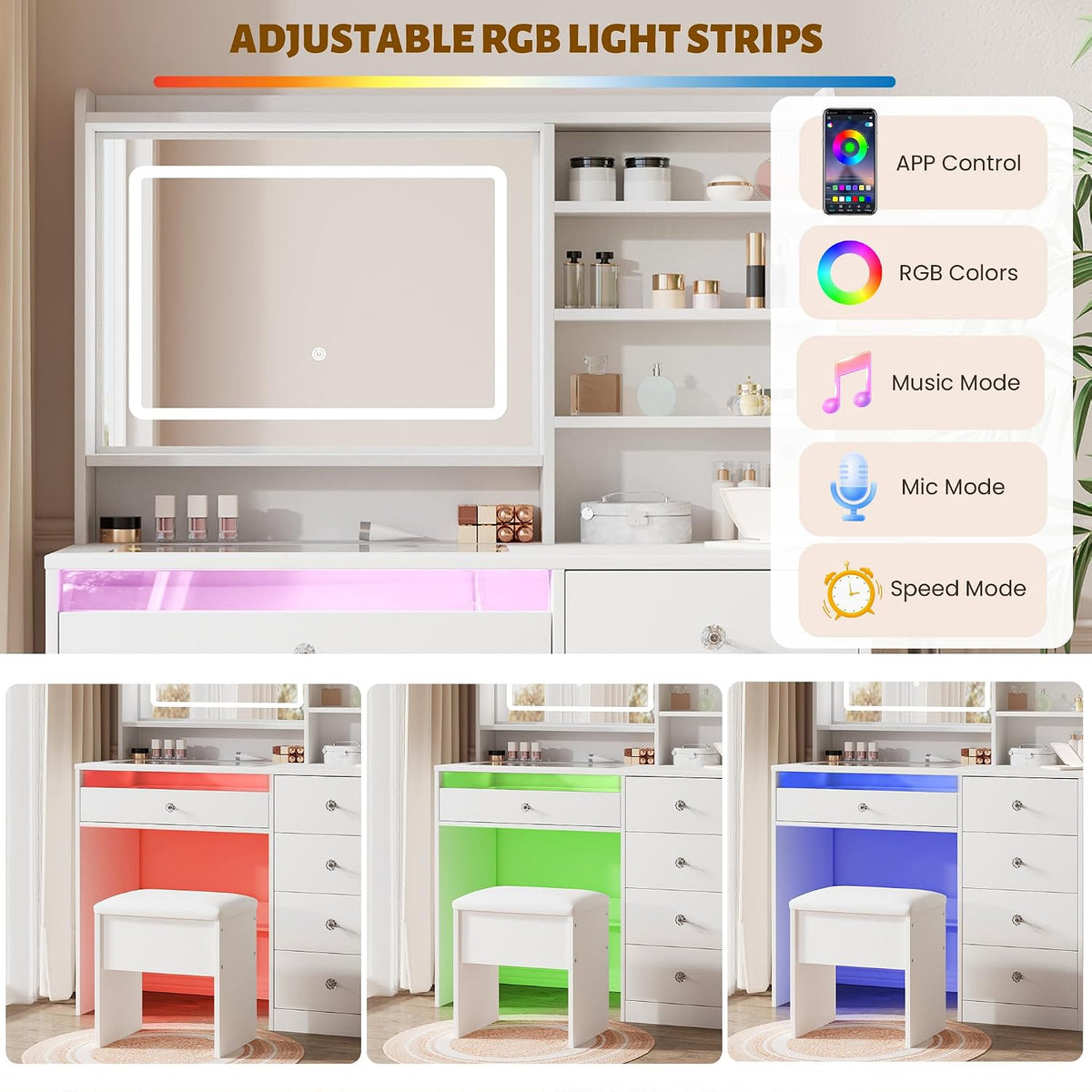 LIVELYGLOW 39.4" White Vanity Desk Set with Glass Desktop & RGB Light Strip