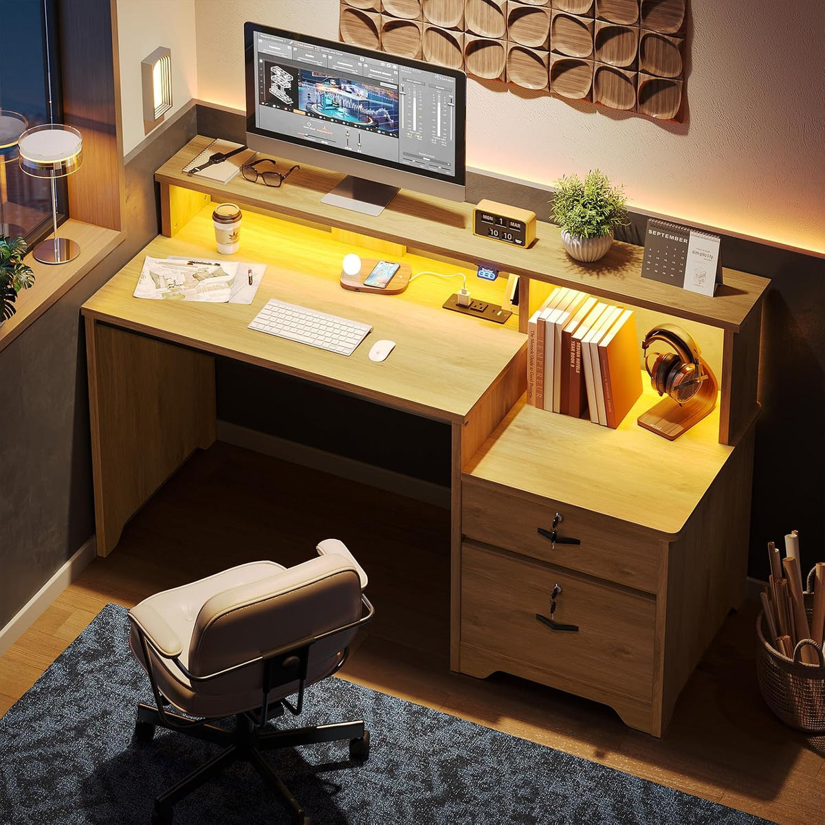 Bestier 55-Inch Computer Desk with Power Outlets & LED Lights, Natural Oak