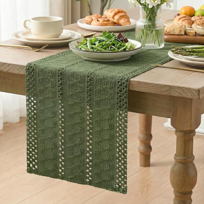 Artoid Mode Army Green Woven Farmhouse Hollow Table Runner 12x60 Inch | Holiday