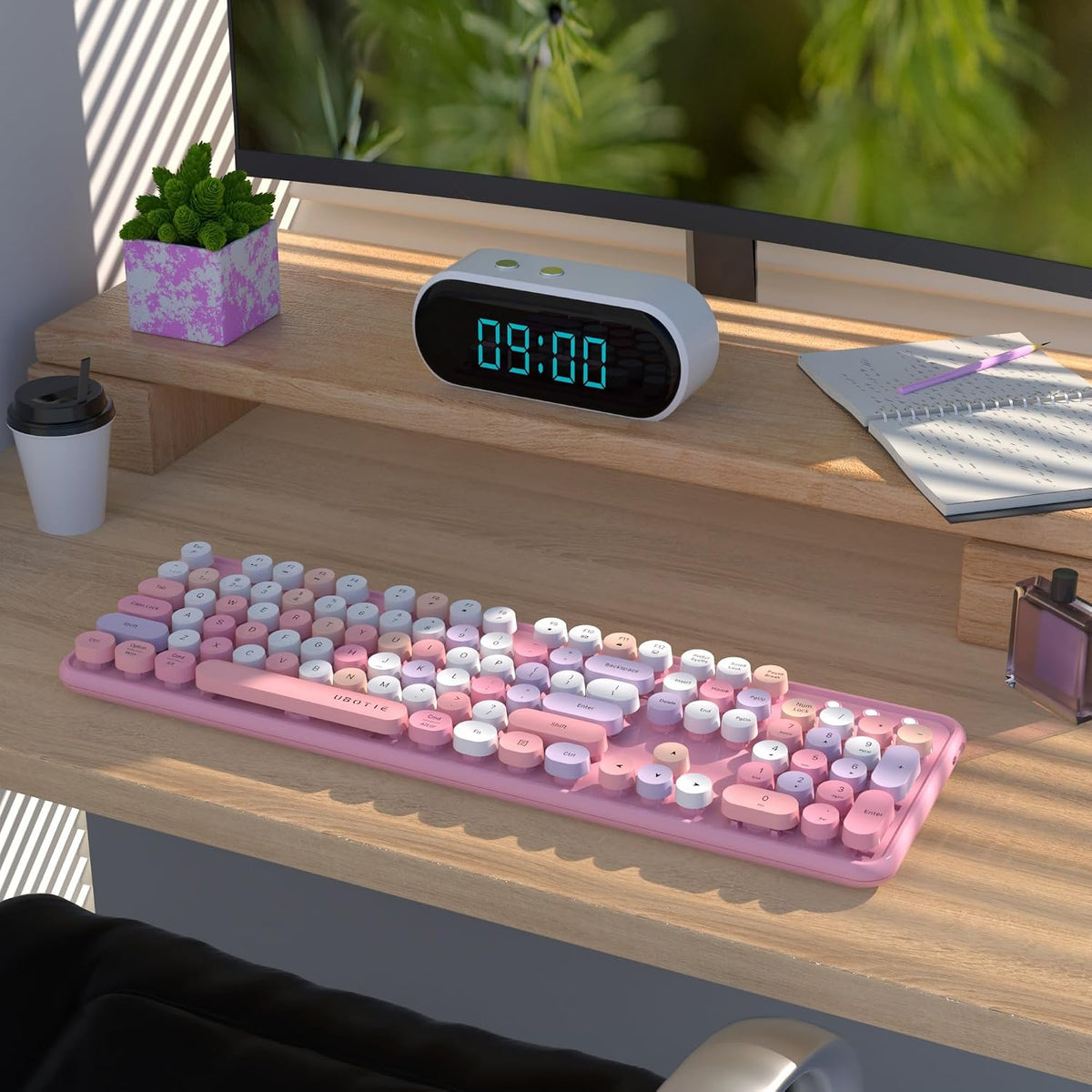 UBOTIE Colorful Wireless Bluetooth Keyboard, Dual Mode (Pink Colorful)