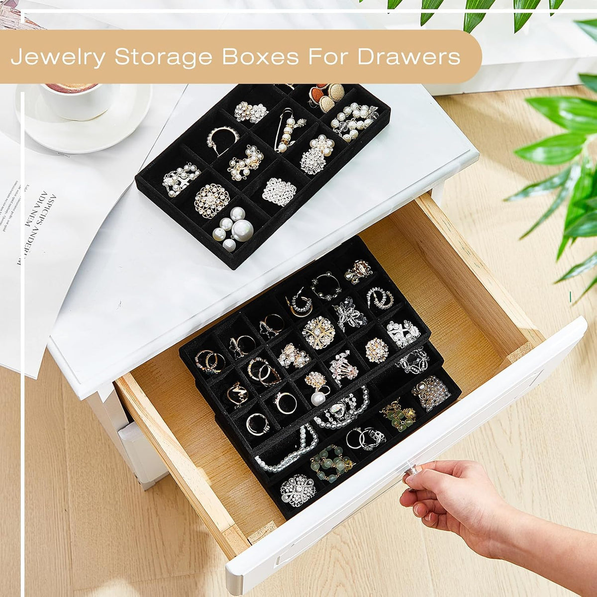 Junkin 12 Pcs Velvet Jewelry Organizer Tray, Stackable Storage