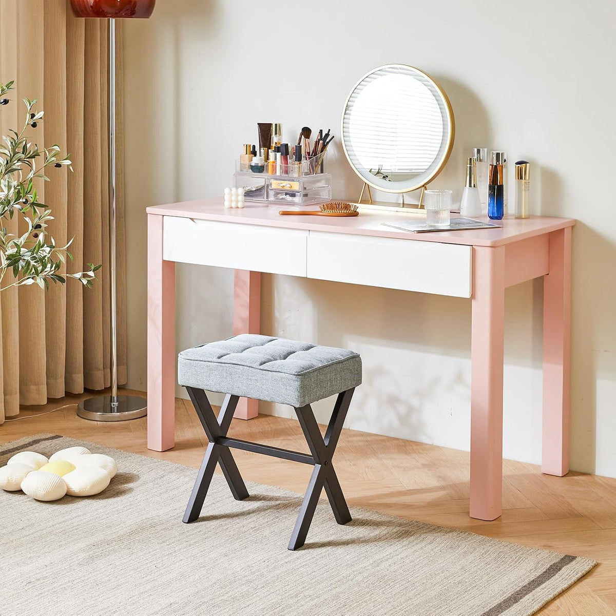 IBUYKE Square Makeup Stool with X-Leg, Linen Vanity Chair, Blue Gray LG-70L