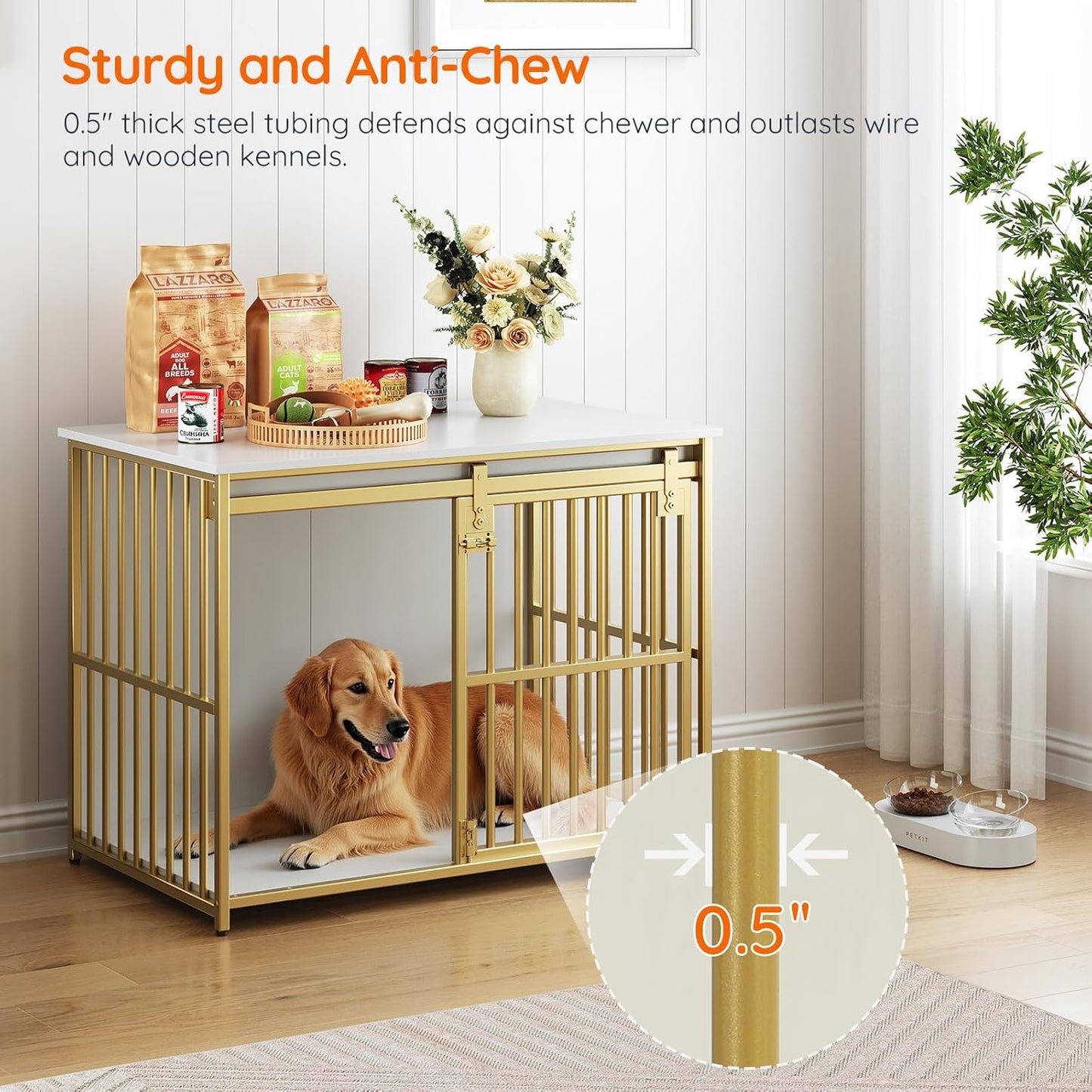 HOOBRO Dog Crate Furniture, 36.6" Heavy Duty Dog Kennel with Sliding Barn Door, Wooden Dog Cage Indoor, Decorative Side End Table for Small/Medium Dogs, White and Gold GD162GW03G1