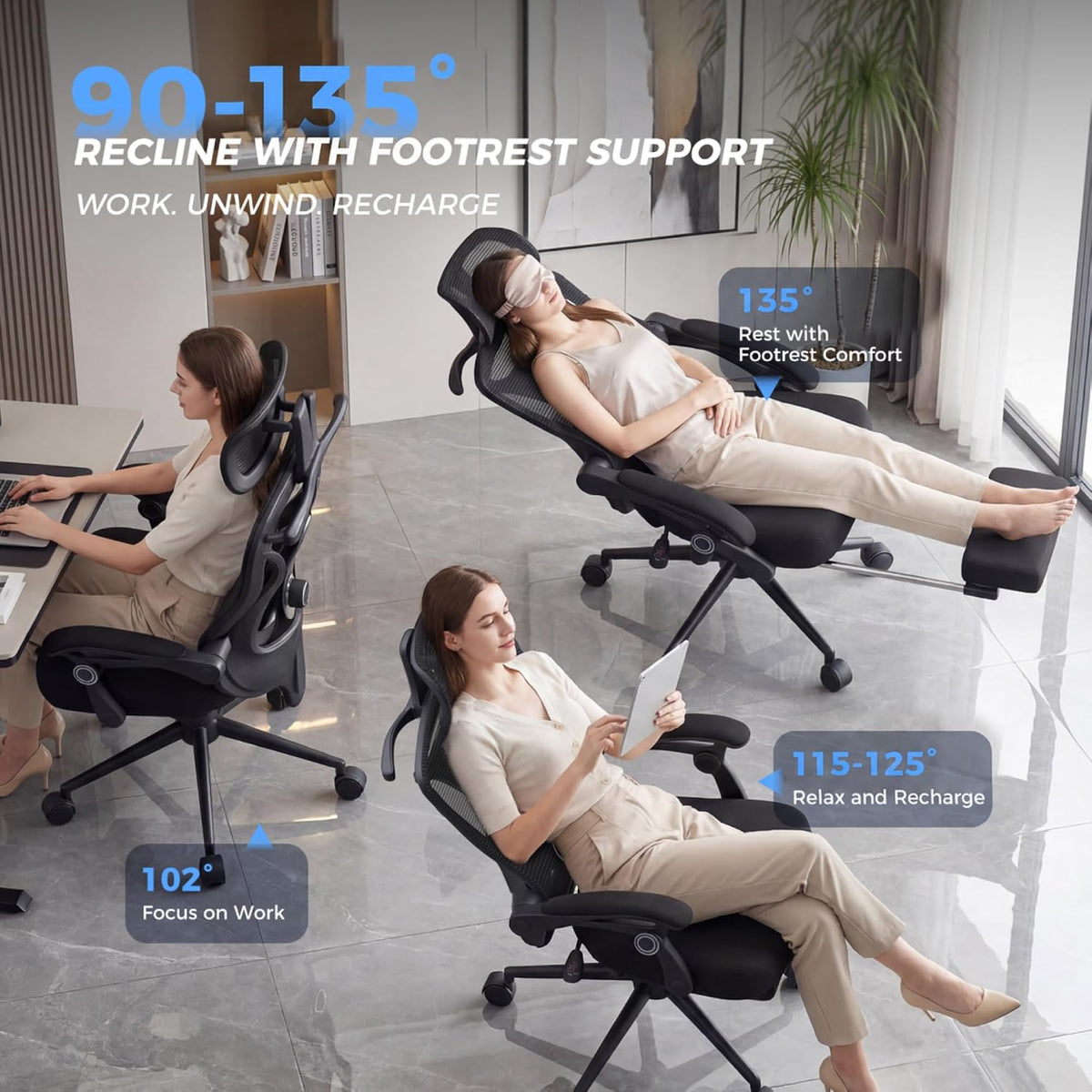 CYKOV Ergonomic Office Chair with Footrest, Reclining Mesh Back, 350 Lbs (Ink Black)