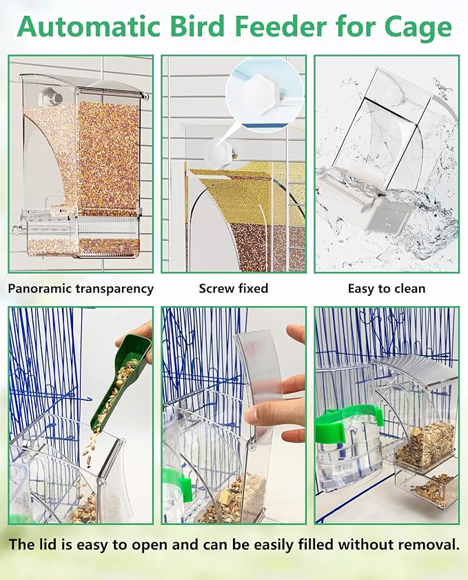 Hamiledyi 2Pcs No Mess Bird Feeder Automatic Bird Cage Feeder Transparent Acrylic Parrot Seed Food Container with Perch for Parakeet Finch Lovebirds Budgies Canary