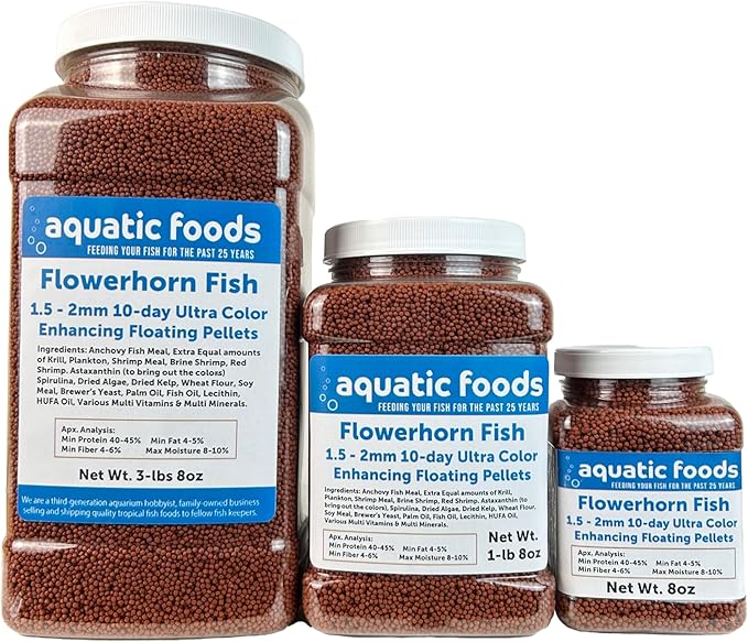 Aquatic Foods Inc. Flowerhorn Fish Ultra Red Color Enhancing 1.5mm-2mm Floating Pellets. Color Enhancing in 10-Days for Baby, Juvenile and Adult Flowerhorn…1-lb 8oz Medium Jar