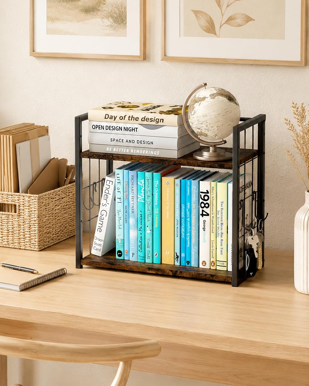 2-Tier Desktop Bookshelf, Desk Shelf Organizer, Rustic Brown