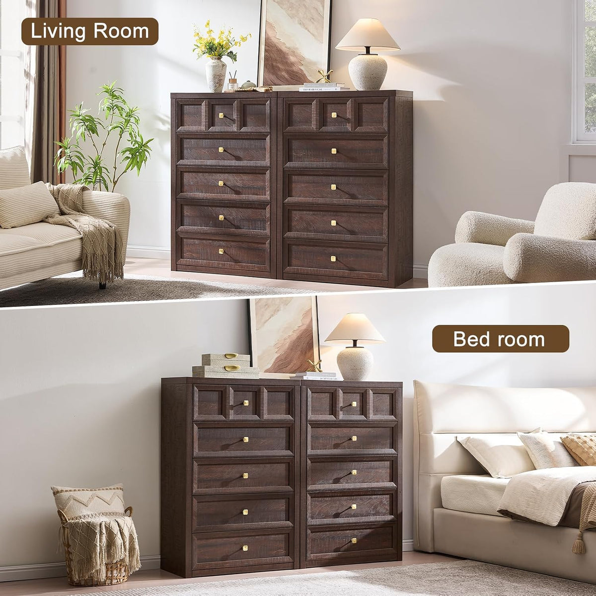 5 Drawers Dresser for Bedroom, 45.7" Tall Large Dresser & Chests of Drawers with Metal Handle, Clothes Storage Organizer w/Natural Texture for Bedroom, Brown