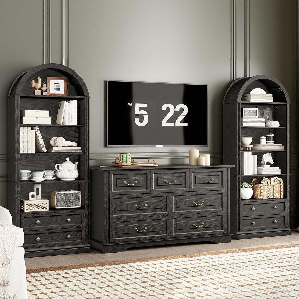 RALGEND Farmhouse Arched Bookshelf Set of2, 7 Tiers Arch Bookcase with 2 Spacious Drawers, Modern Book Shelf with Open Display Shelves and Storage Cabinet, for Office, Living Room, Kitchen, Black