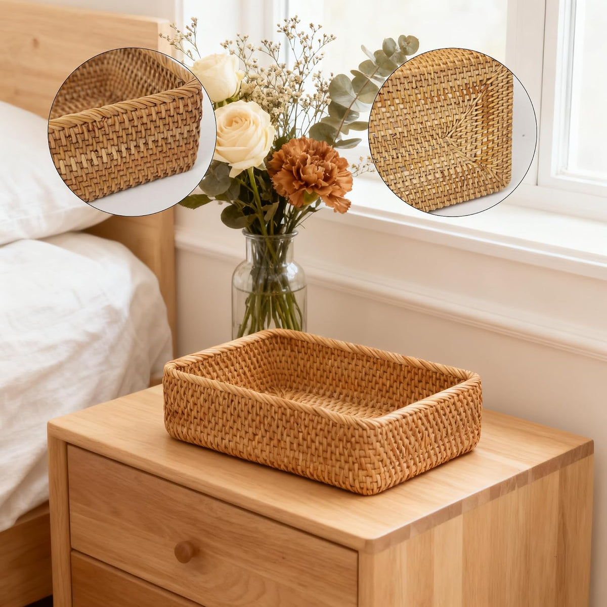 Rattan Storage Basket, Rectangular Desktop Organizer for Home