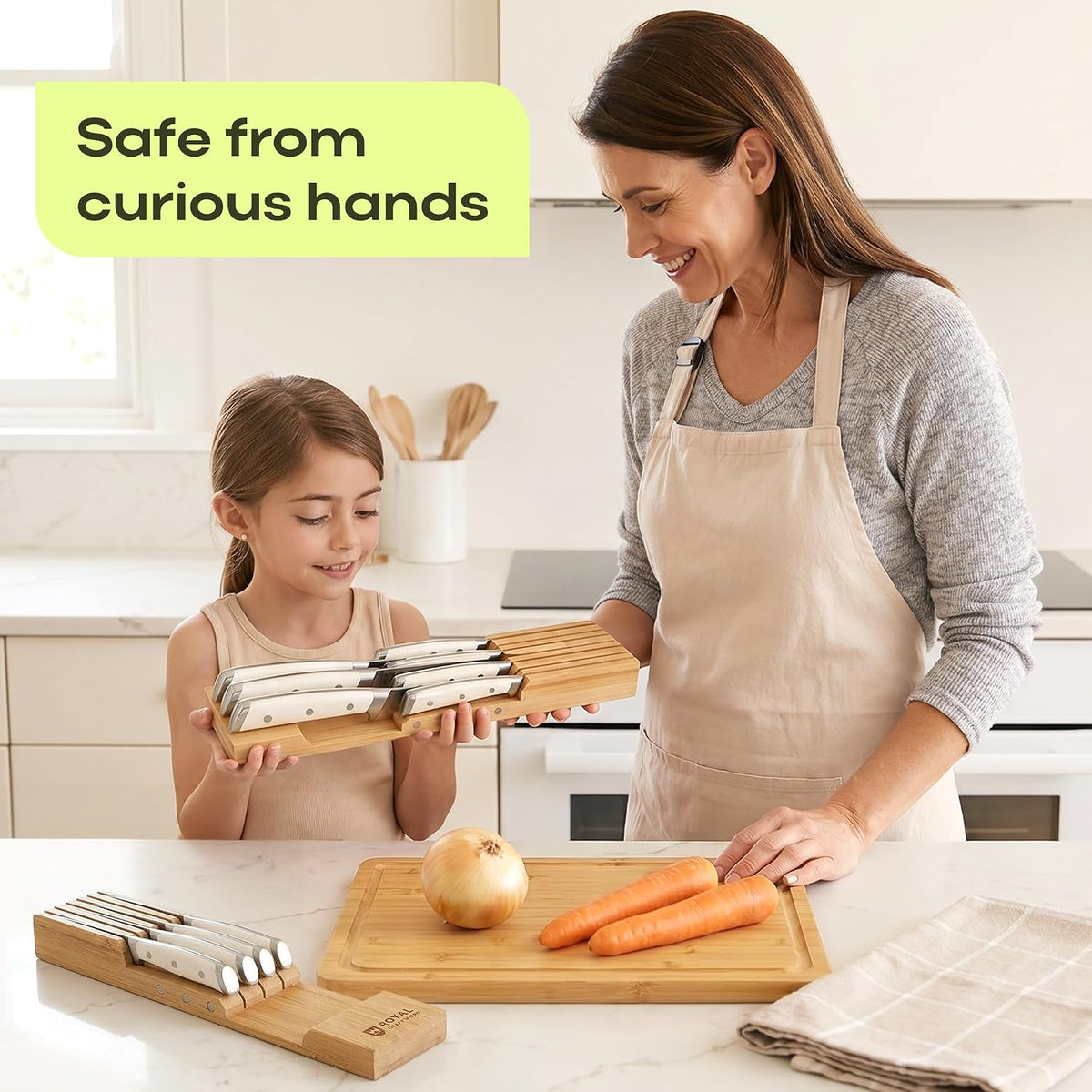 Knife Drawer Organizer - Bamboo In-Drawer Knife Block for 14 Knives – Premium Drawer Knife Organizer Insert, Kitchen Knife Holder for Safe Knife Storage, Compact Kitchen Organization & Drawer Storage