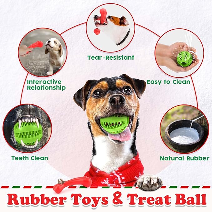 Christmas Dog Toys 8 Pack - Santa Squeaky Plush Chew for Puppy, Durable Interactive Rope for Teething, Treating Ball and Bone Rubber for Small Dogs