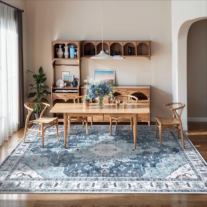 SERISSA Boho Area Rug 5x7 Blue, Washable Large Rugs