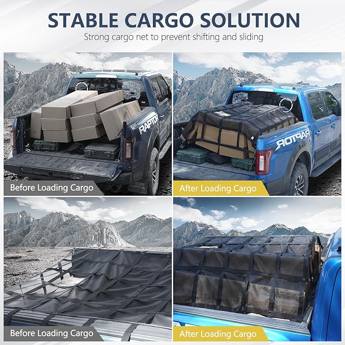 Tecoom Heavy Duty Cargo Net for Pickup Truck Bed, 4.86'x5.12' Adjustable Cam Buckles & S-Hooks & Cross Strap, 1,500 lbs Capacity Cargo Net Truck Accessory (58"x61")