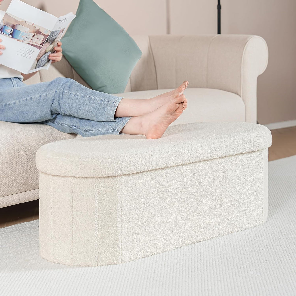 B FSOBEIIALEO 43.3" Sherpa Ottoman with Storage for Living Room,Cream White