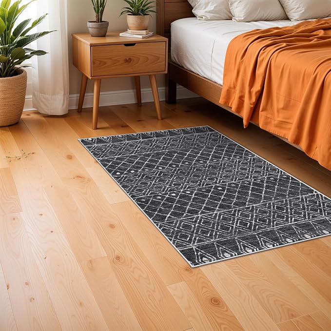 Black Moroccan 2x3 Entryway Small Area Rug | Machine Washable Low Pile Thin Non