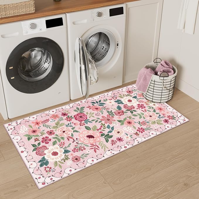 DUKINO 2x4 Rug for Entryway, Washable Kitchen Floral Runner Rug