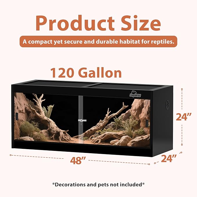 4x2x2 (120 Gallon) PVC Reptile Enclosure, RepWild Terrarium/Tank with Heavy-Duty Screen Top, Glass Sliding Doors & Lock for Bearded Dragons, Ball Python, Geckos, Lizards