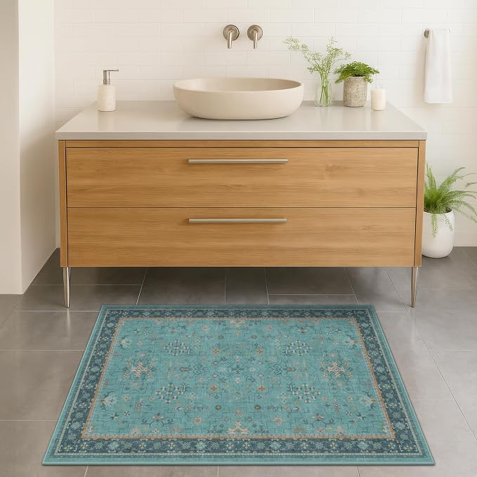 2x4 Washable Teal Throw Rugs for Entryway Indoor