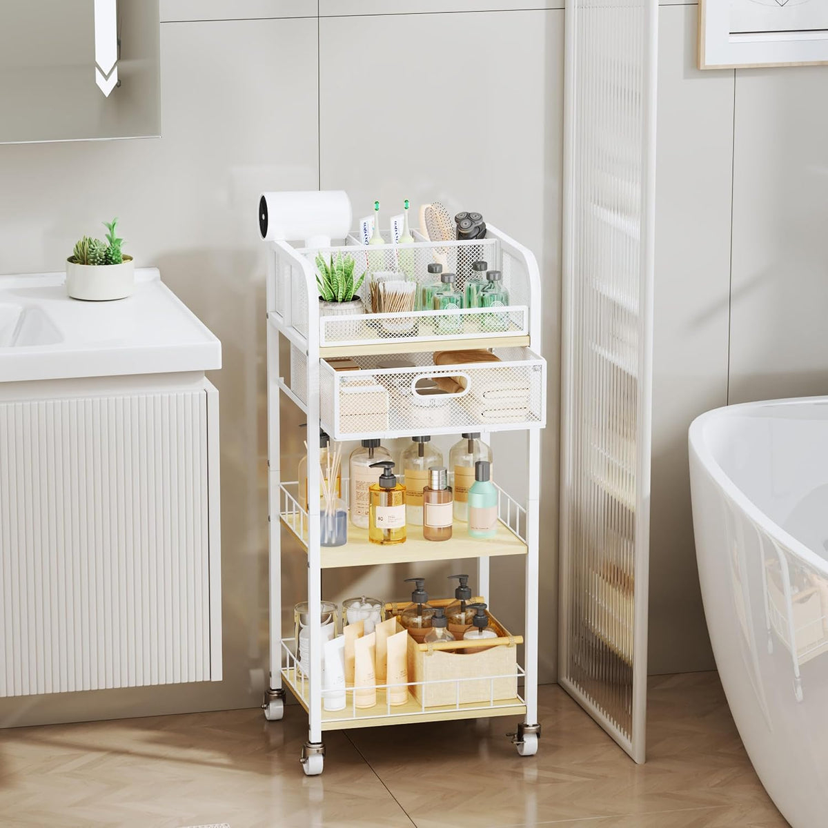HapiRm Makeup Organizer Storage Cart - Floor Skincare Make Up Organizers with 4 Drawers, Rolling Makeup Cart Vanity Organizer Cosmetics Display Cases Holder for Skin Care Nail Polish Pure White