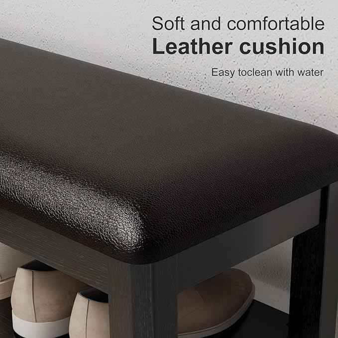 AQIMUELE Shoe Bench with Leather Cushion, 3 Tiers Shoe Storage Bench Height