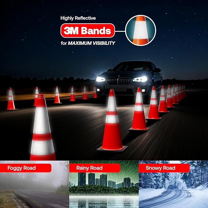 Brimar 28 Inch Traffic Cones, 12 Pack, Orange PVC Safety Cones with Black Base for Construction, Road Parking, MUTCD Approved Traffic Cones with 3M Reflective Bands, Structurally Stable Wearproof