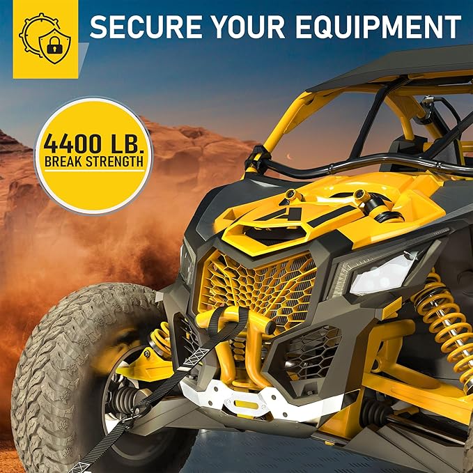 AUGO Heavy Duty Ratchet Straps & Soft Loops – Pack of 4 Extra Strong 1.5” by 10’ Ratchet Straps w/S-Hook Safety Latches & 4 Soft Loop Tie Downs – 4400Lb Break Strength for Motorcycles, ATVs, Etc.
