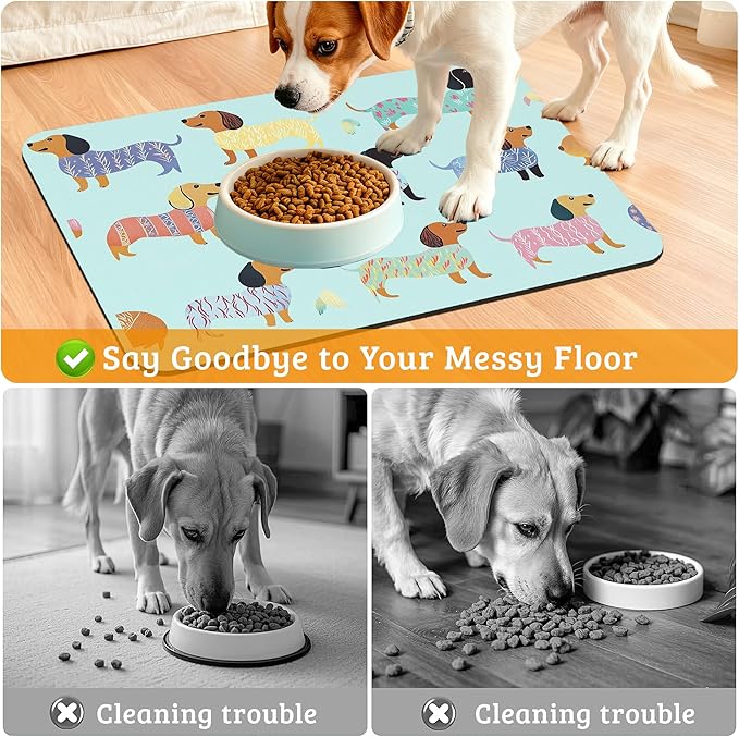 Dachshund Dog Cat Food Mat,Absorbent Waterproof Placemat for Food and Water Non Slip Rubber Backing Durable Feeding Pad for Clean Floors 12" x 20"
