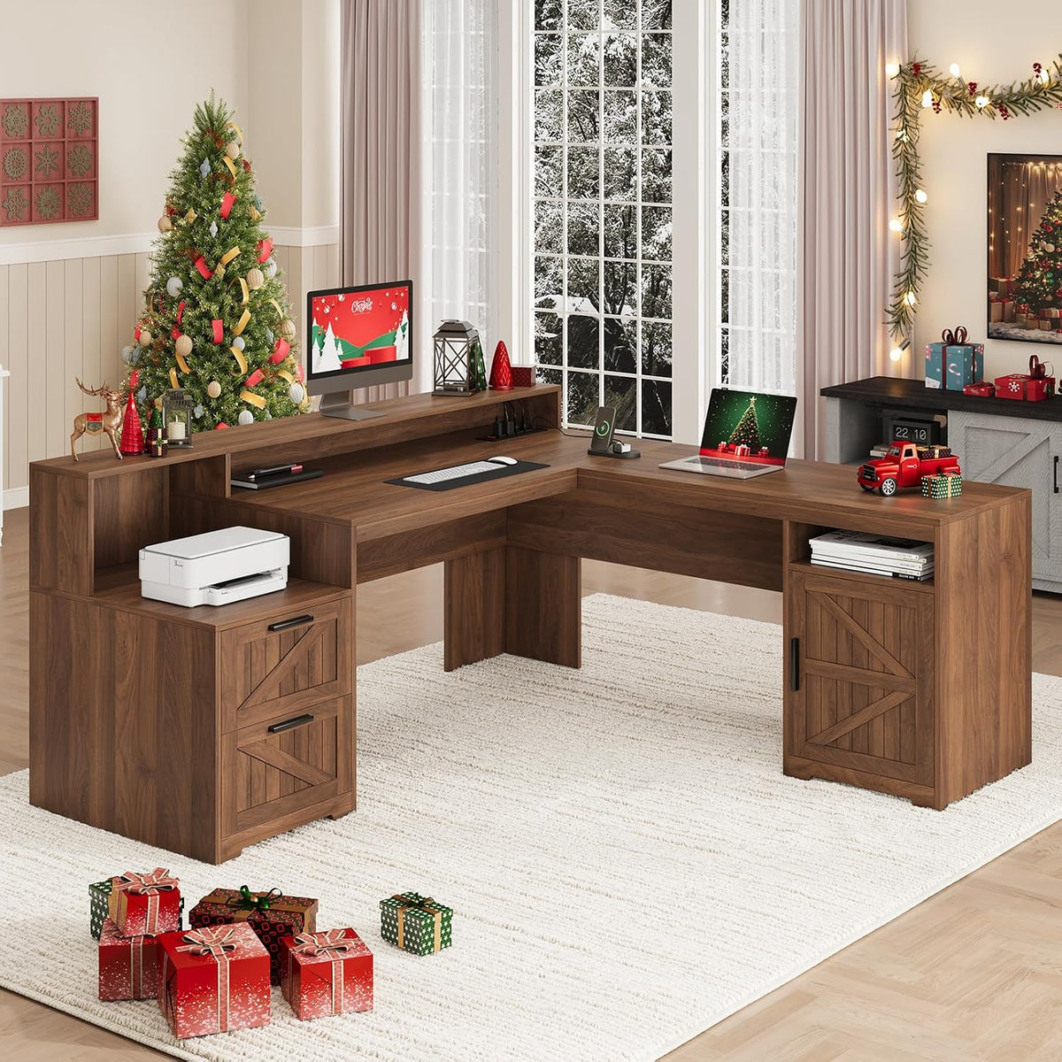 Farmhouse L Shaped Desk with Drawers & Printer Shelf for Home Office