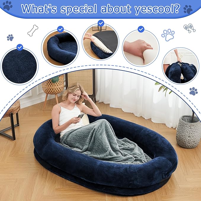 Human Dog Bed - 72"x48"x10" Large Gaint Shared Bed for Adult - Flufelbed Standard Cloud Bed for Humans and Dogs - Nap Bed Bean Bag Bed Faux Fur Fluffy Orthopedic Pet Bed Large Navy
