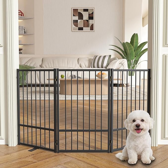 Full Metal Freestanding Dog Gate with Door, 32''Height Foldable Pet Dog Fence for Indoor & Outdoor, 3 Panels Extra Wide Free Standing TallDog Gates for Doorways,House,Stairs,Porch,Deck,Yard