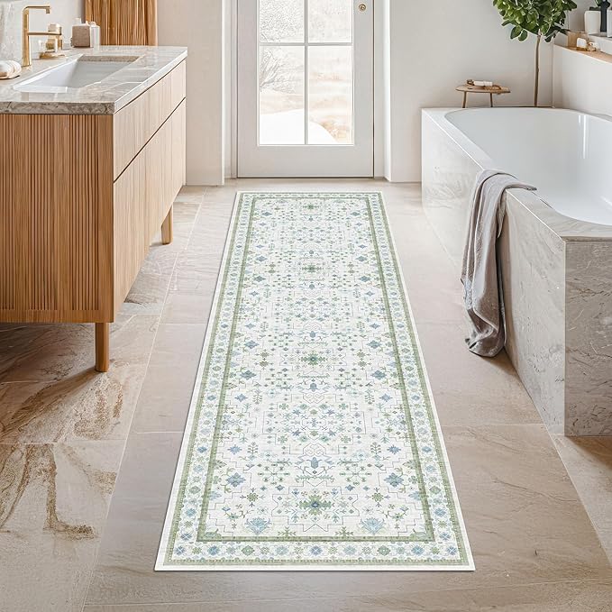Hazo Haus Washable Oushak 2x6 Bathroom Runner Rug, Eclectic Boho Floral Pastel