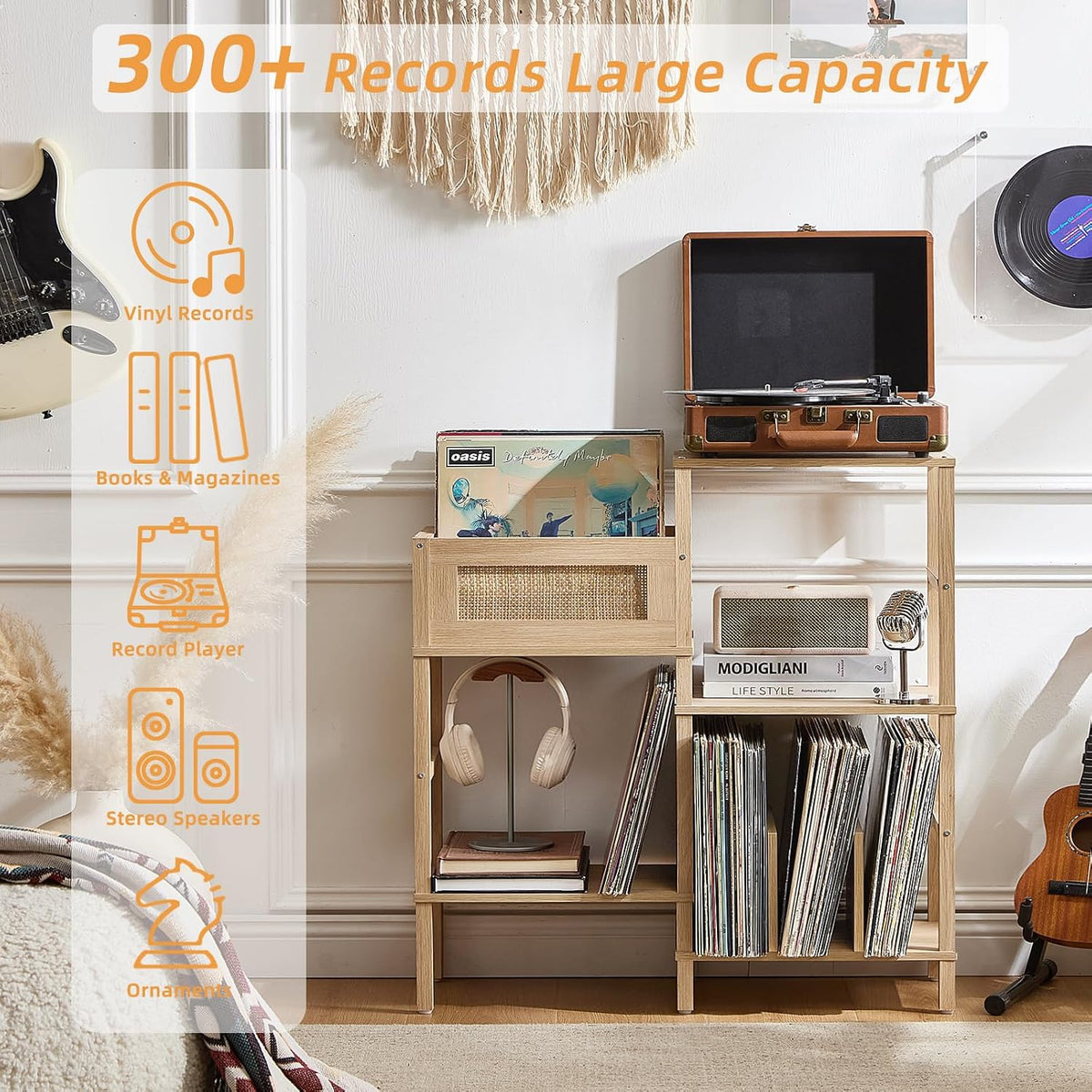 LELELINKY Record Player Stand, Natural Oak Wood Record Holder with Vinyl Storage Holds up to 300+ Albums, 3-Tier Rattan Media Table with Vinyl Display Shelf, Record Storage Cabinet for Living Room