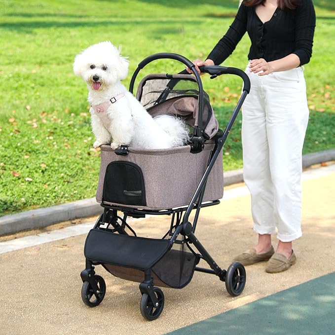 Wdyvko 3 in 1 Dog Stroller, Upgraded Frame, Up to 44lbs Pet Stroller with Dog Poop Bags & Dispenser, Zipperless Entry, Storage Basket & Pouch for Small Dogs Cats (Coffee)