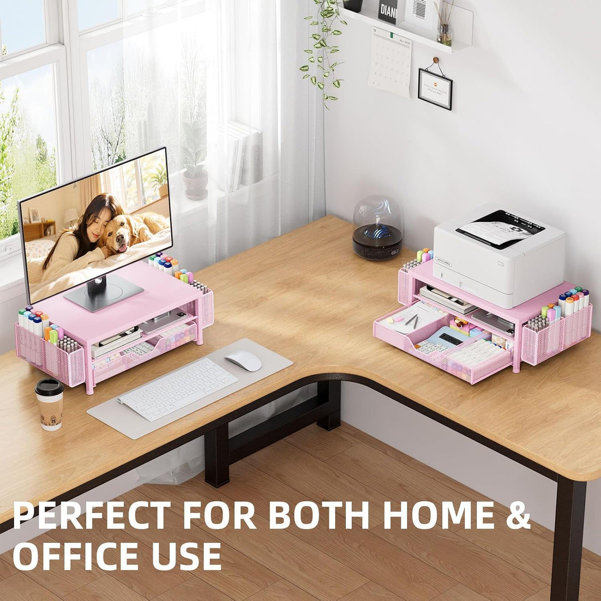 Monitor Stand Riser with Mesh Drawer and 2 Side Pen Holders, Pink Metal Top