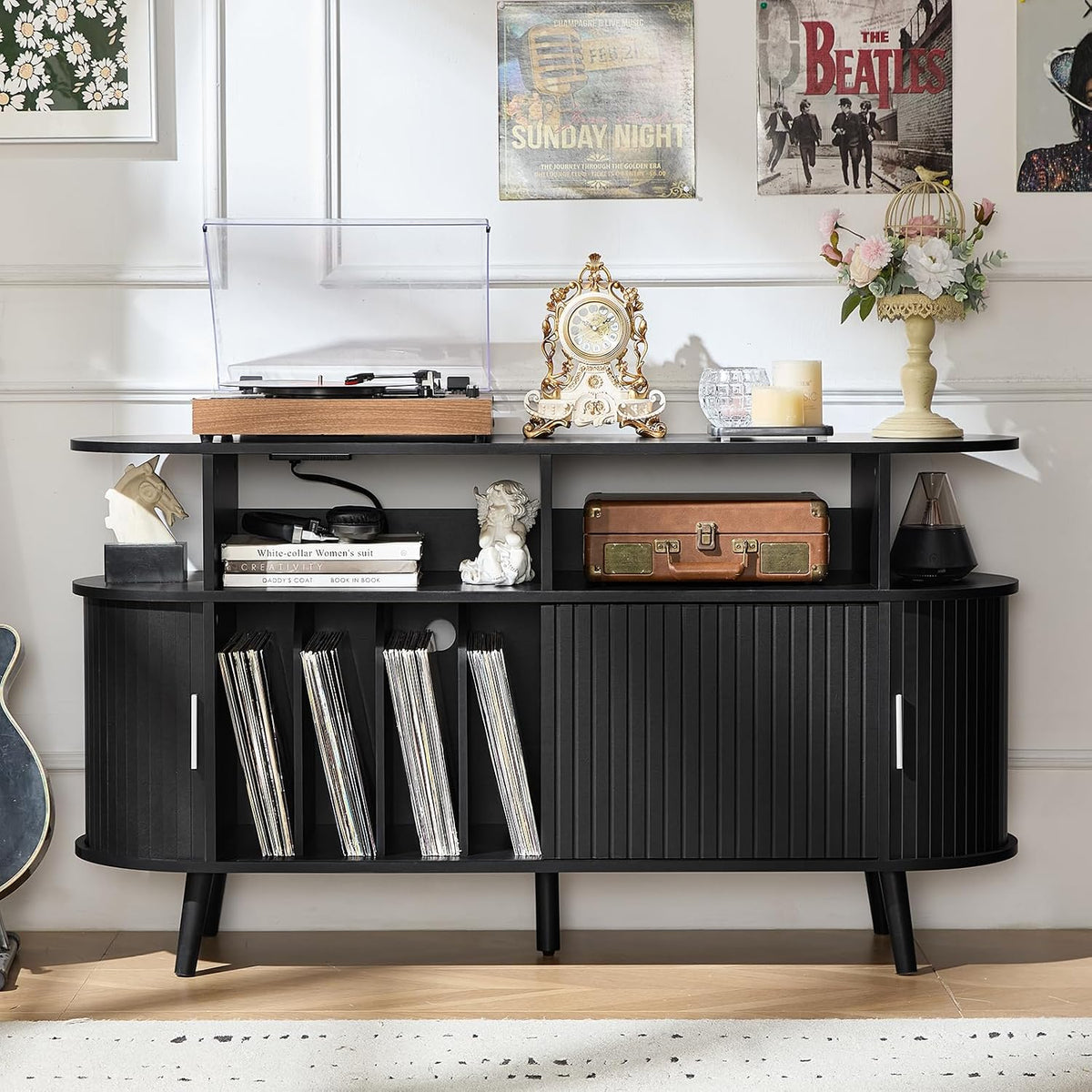 LELELINKY Extra Large Round Record Player Stand with Charging Station