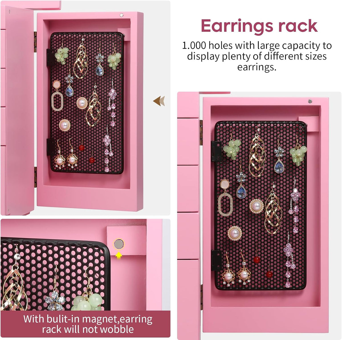 Meangood Jewelry Box Jewelry Organizer, 5-Layer Wooden Jewelry Organizers and Storage Boxes for Women Girls, Ring Earring Bracelet Necklace Holder Organizer with Mirror & Drawers (Pink)