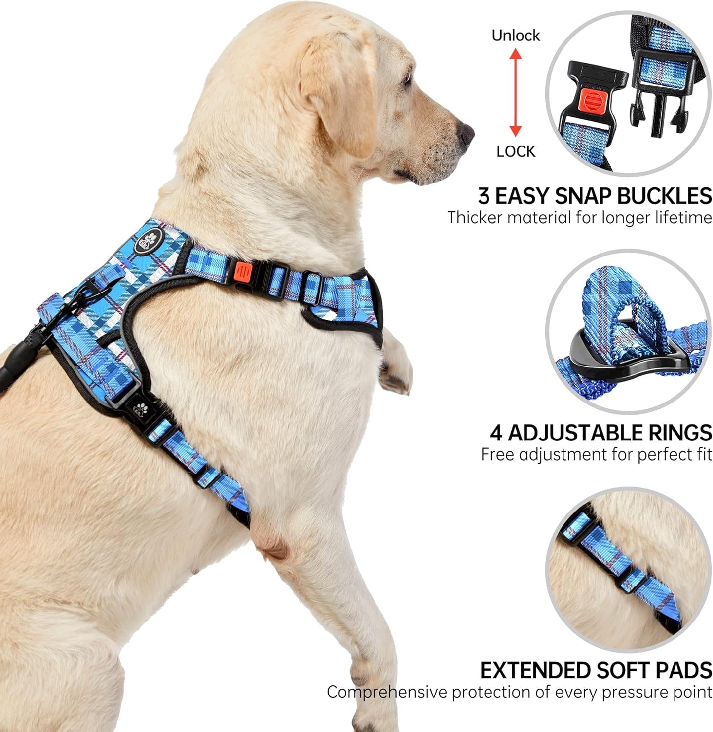 NESTROAD No Pull Dog Harness with Leash, Reflective No Choke Pet Vest Harness,Adjustable Soft Padded Dog Harness with Easy Control Handle for Large Dogs(Checkered Blue,X-Large)