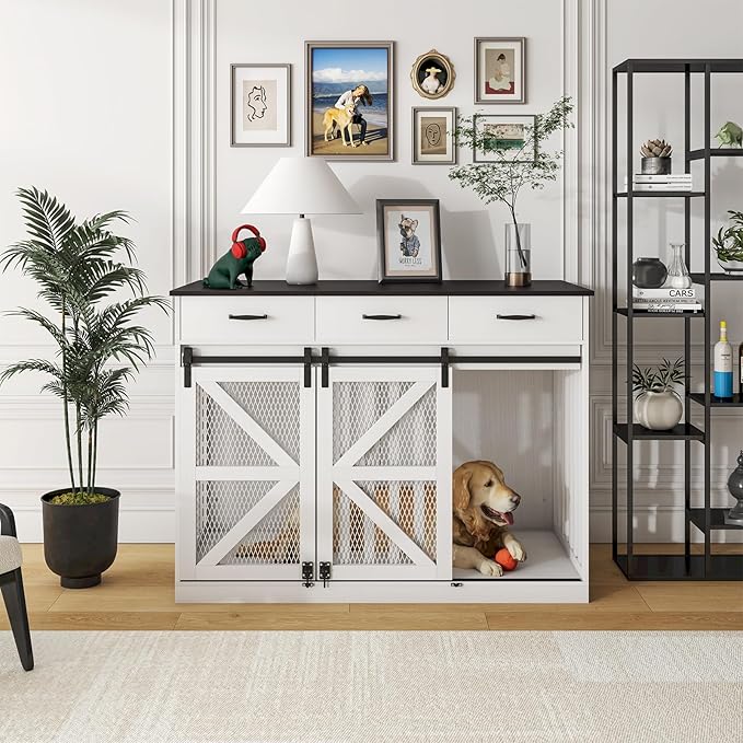 2-in-1 Farmhouse Dog Crate Furniture - Wooden Large Dog Kennel with Drawers Storage - Double Doors - Indoor TV Stand - Inner Height: 24 Inches - Ideal for One Big Dog or Two Small Dogs