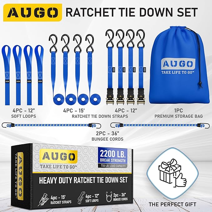 AUGO Ratchet Straps Heavy Duty 4 Pack -15 FT - 2200 LB Break Strength – with Safety Lock S Hooks - Cargo Straps for Moving, Appliances, Motorcycle – Soft Loop Tie Down Straps
