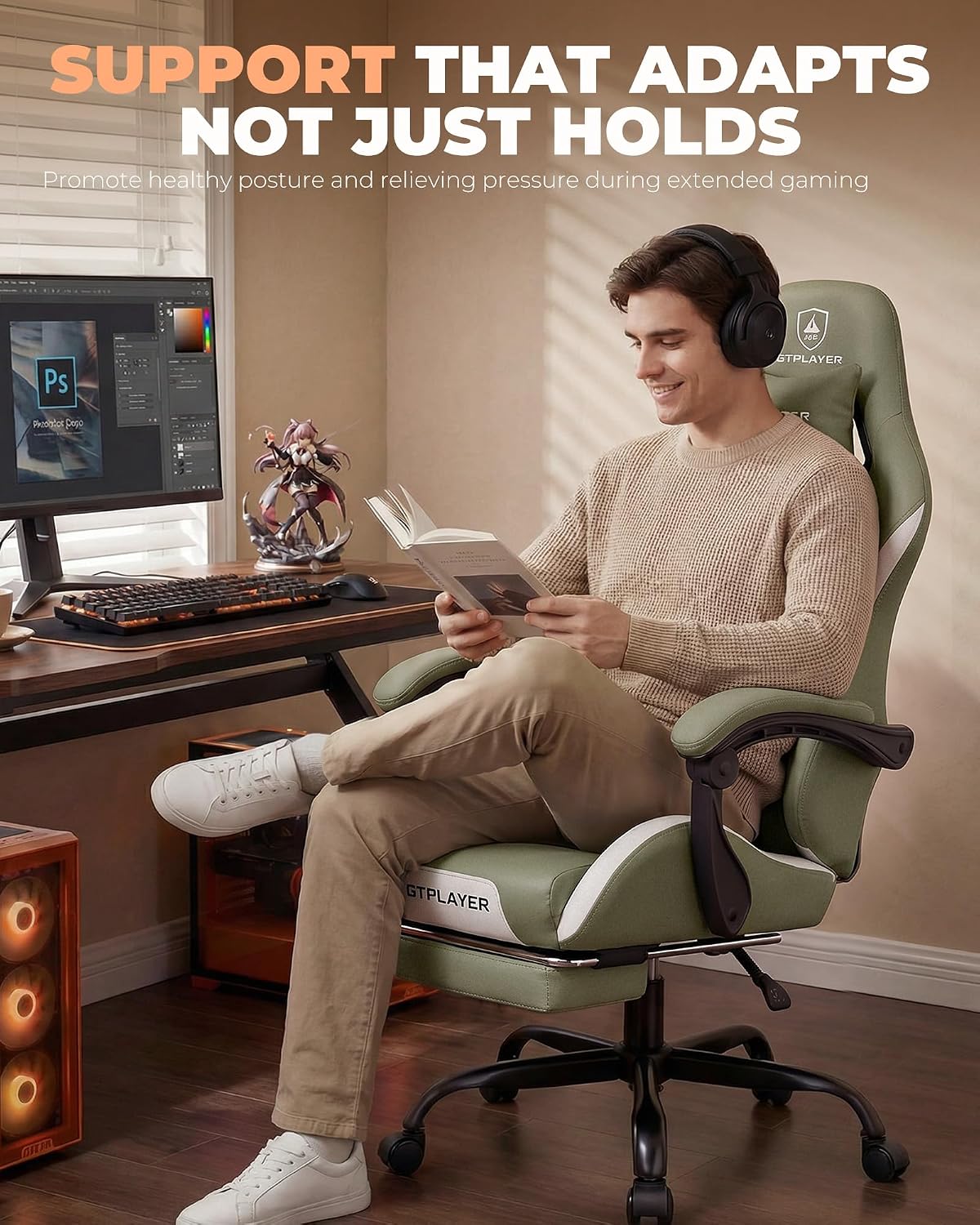 GTPLAYER Gaming Chair with Foot Rest & Pocket Spring Cushion, Ergonomic High Back Computer Desk Chair with Headrest & Lumbar Support for Back Pain Relief, Breathable Fabric, Green