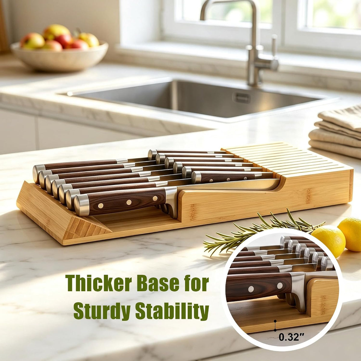 Bamboo Kitchen Drawer Knife Block, In drawer Knife Holder, Knife Drawer Organizer fit for 13 knives