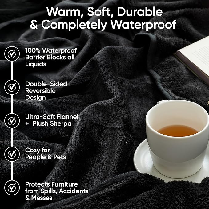 Waterproof Pet Blanket, Liquid Pee Proof, Sherpa Fleece Protector – Pet Hair Resistant Water Proof Bed Cover for Dogs Couch Sofa Car Bedding Comforter (Black, 60"x80")