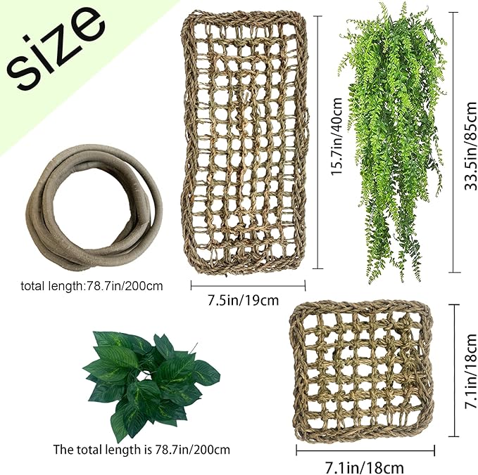 Bearded Dragon Tank Hammock,Natural Seagrass Reptile Lounger Hammocks Decor Flexible Leaves Jungle Climber Vines Habitat Accessories for Lizard Chameleon Gecko Snakes(5 PCS)