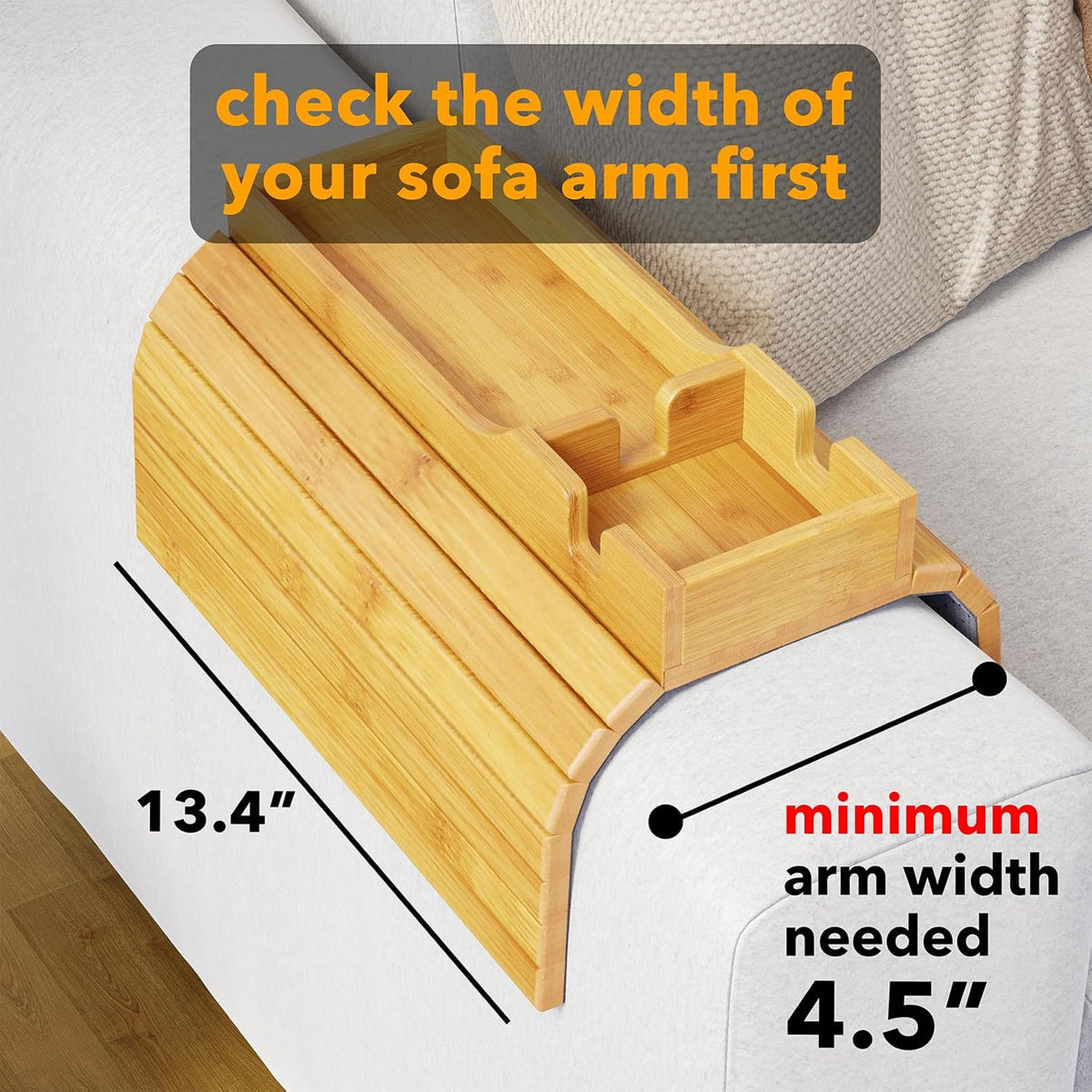 SpaceAid Bamboo Couch Cup Holder, Anti Falling Foldable Sofa Armrest Tray with Cup Holder, Couch Arm Side Table Organizer for Drink Cup Remote Snacks (Natural) (Pack of 2)