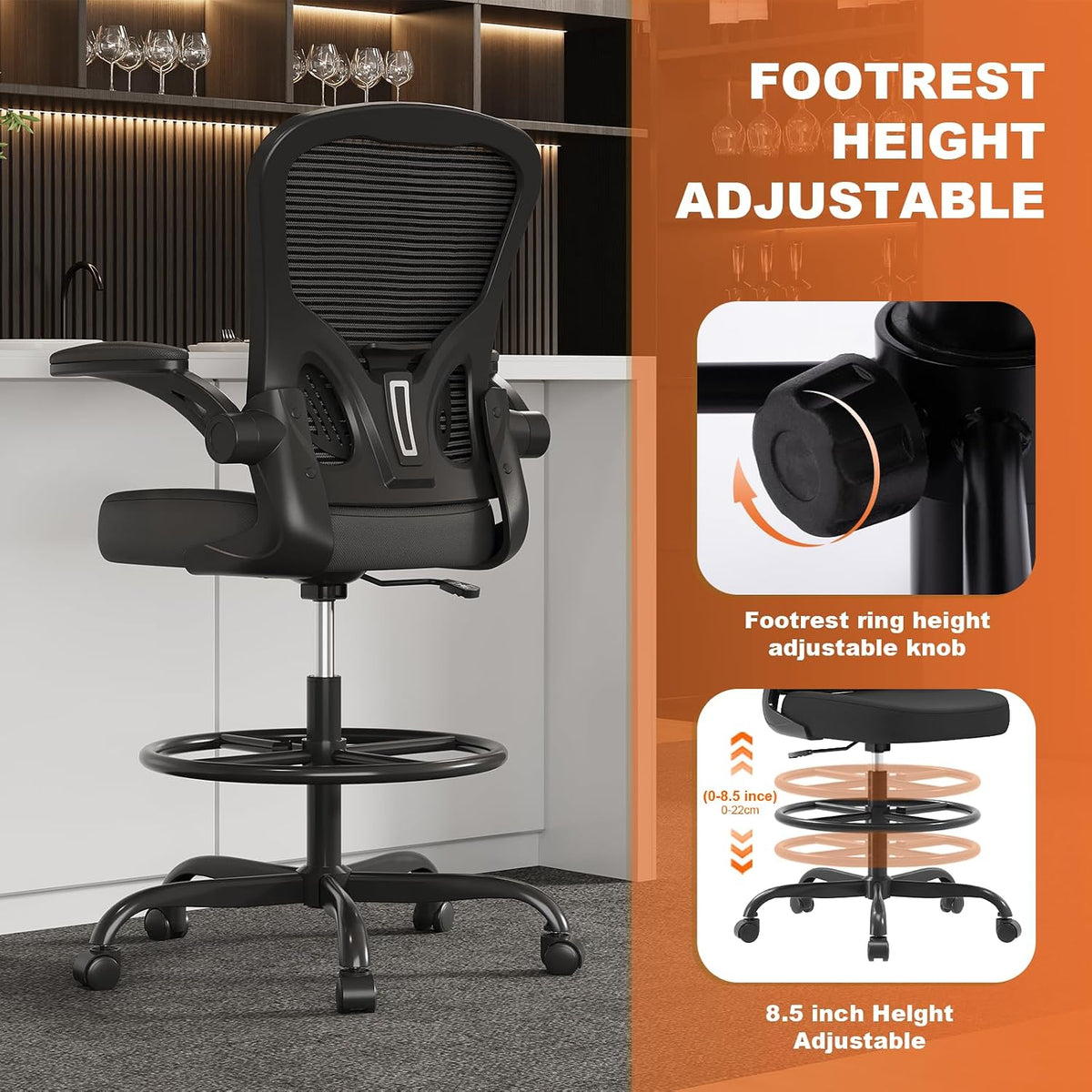 Synorla Ergonomic Tall Drafting Chair-Mesh Desk Chair with Flip-Up Arms