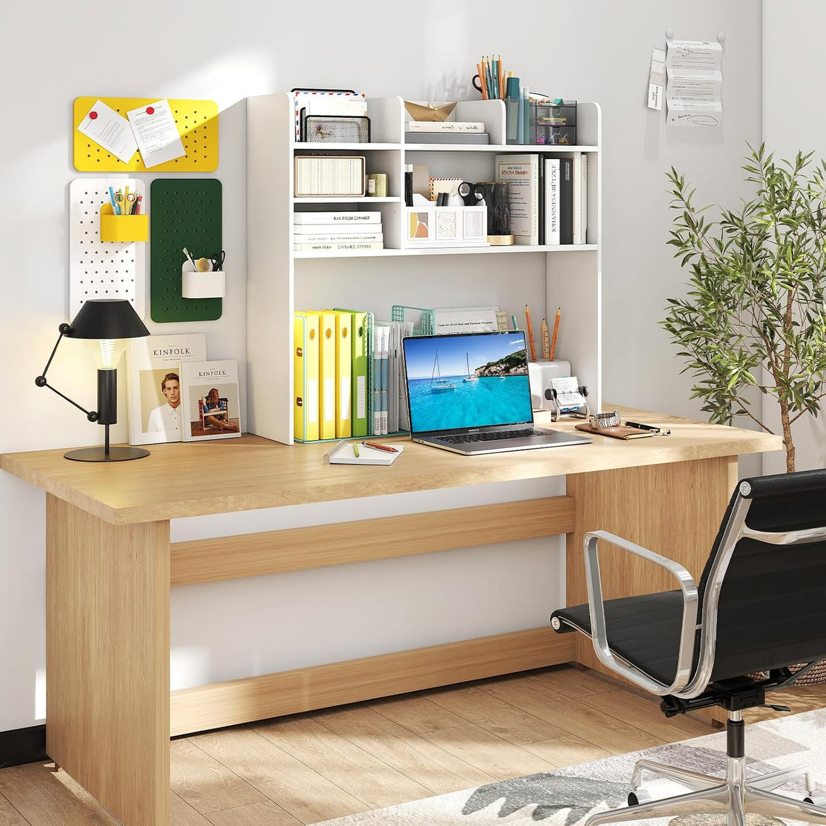 GIANTEX Desktop Bookshelf, 37" Desk Hutch Dorm for Computer Up to 32 Inch, Countertop Hutch w/6 Storage Shelves, 3-Tier Desktop Organizer Display Rack, Wood Desk Shelf for Home Office (White)